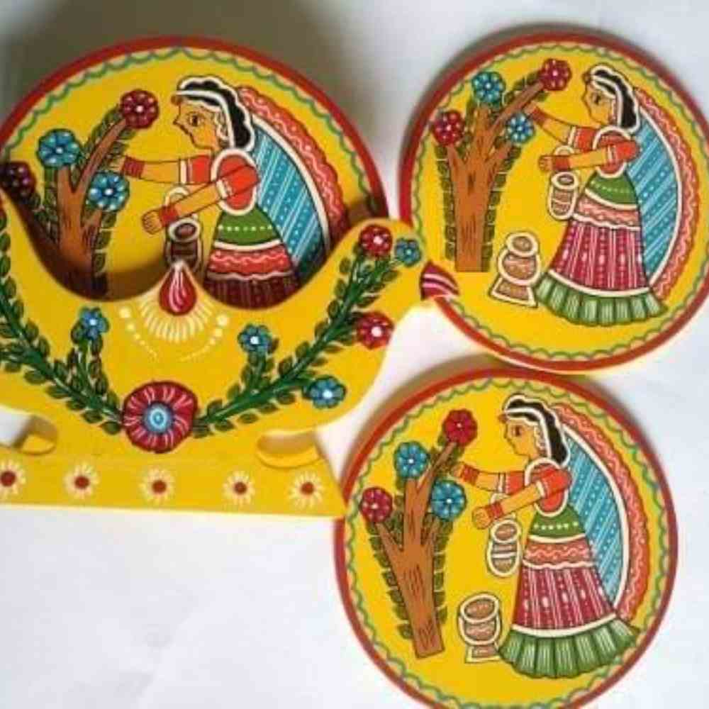 Buy Tikul Art Tea Coaster Round Shape - Yellow